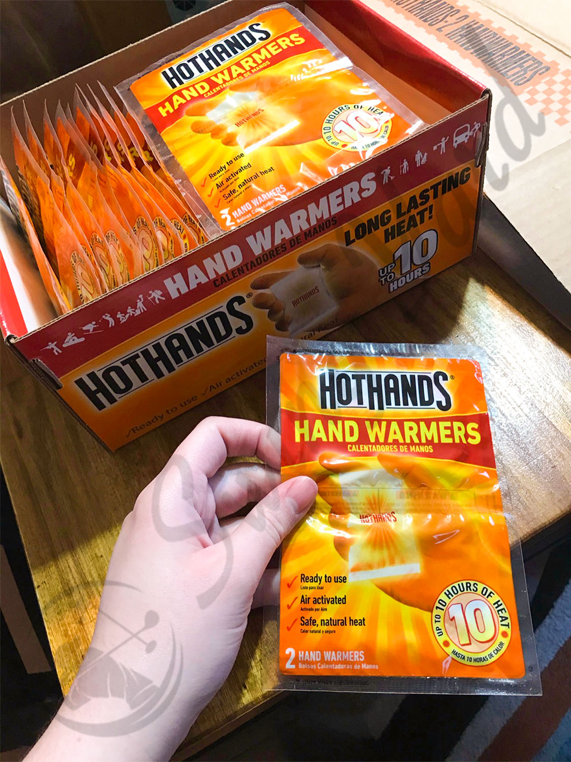 A box of Hot hands golf hand warmers on my table