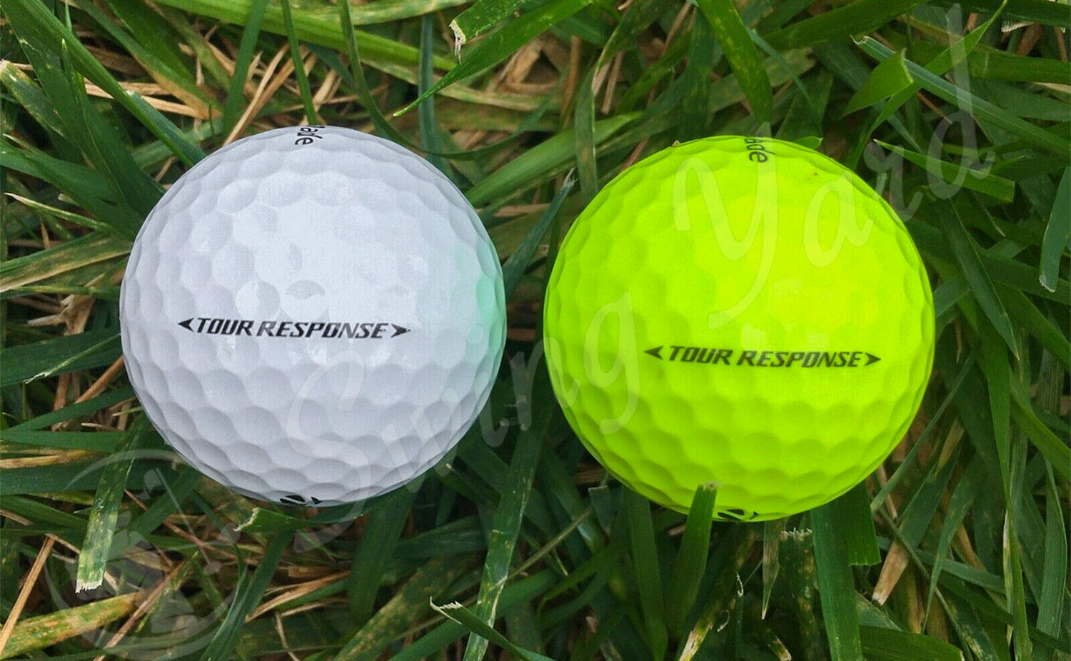 The white & green TaylorMade Tour Response golf balls in the grass