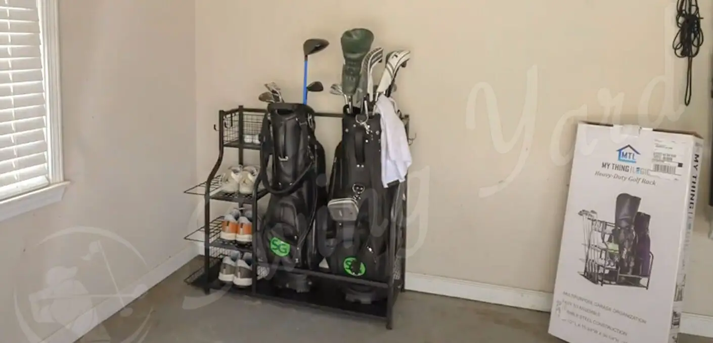 A Mythinglogic single golf bag storage organizer I setup in the garage
