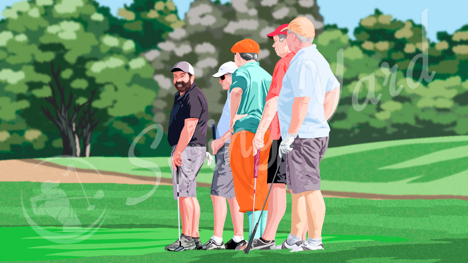 Guys having a good time with friends on the golf course
