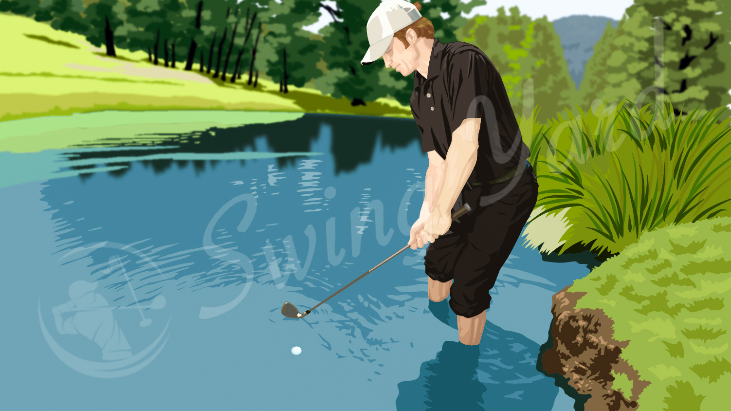 Man in shallow water hitting golf ball