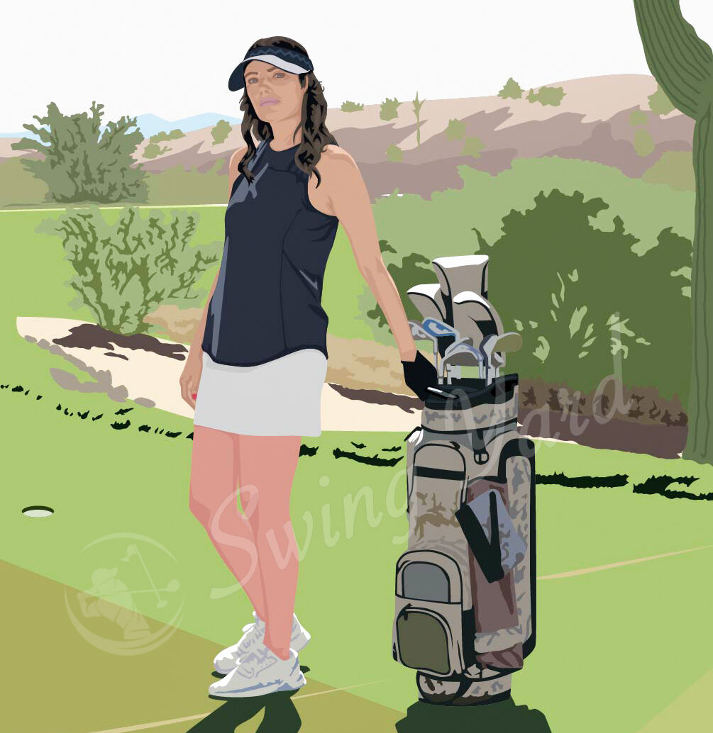 Beginner lady golfer with her clubs