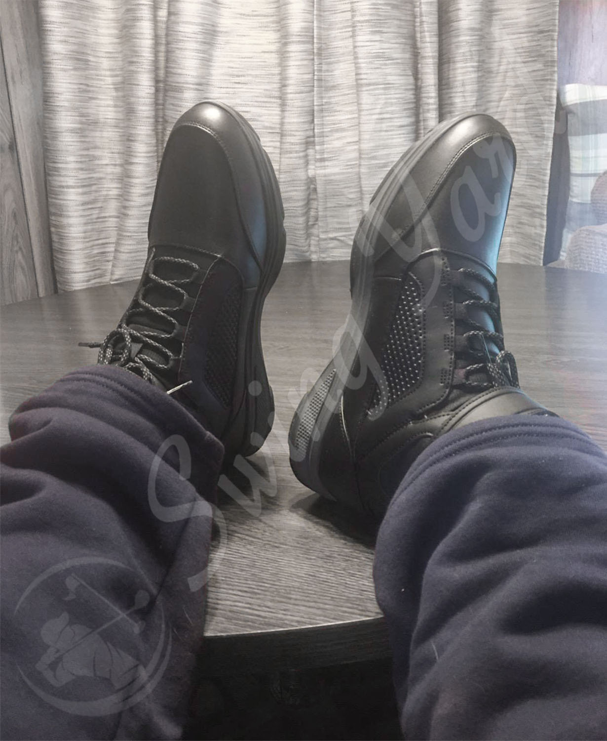 Me wearing Skechers men torque brogan relaxed fit winter golf boots at the living room