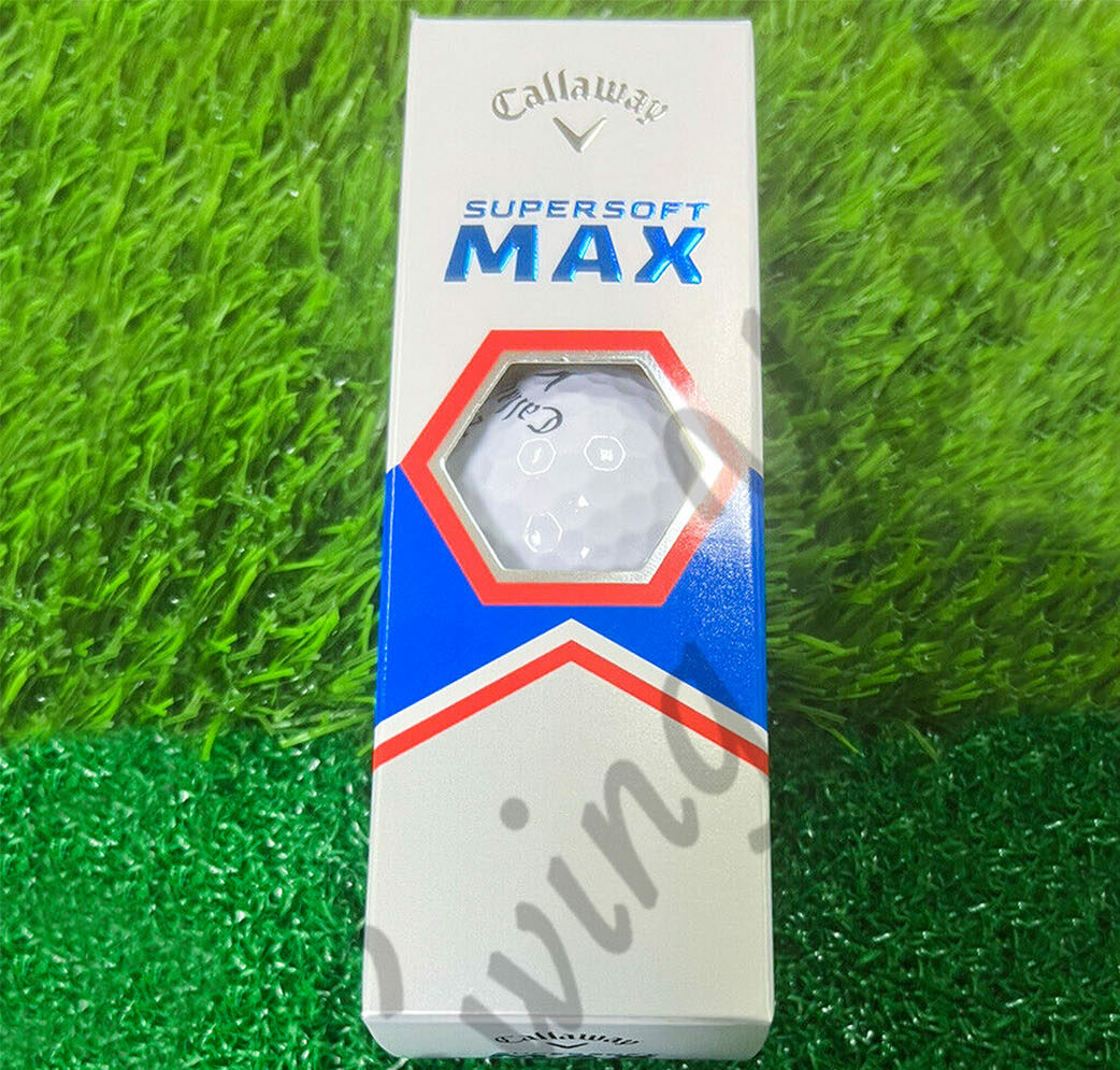 The front side view of Callaway Supersoft Max single pack with white ball on the practice mat