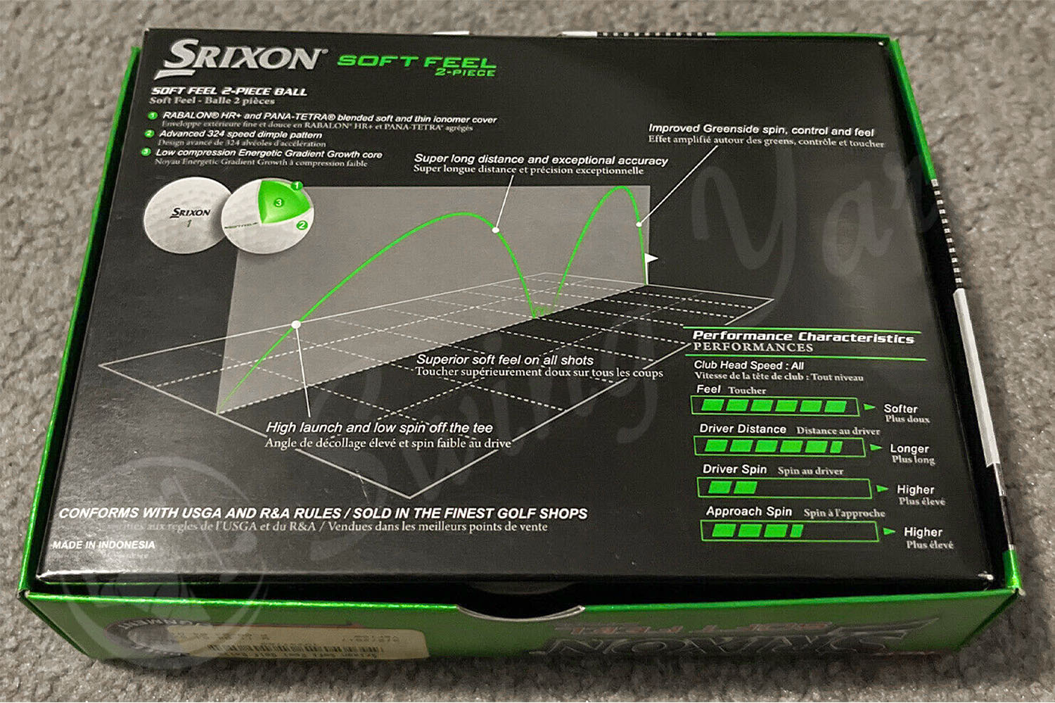 A box backside view of Srixon Soft Feel on the floor in the living room