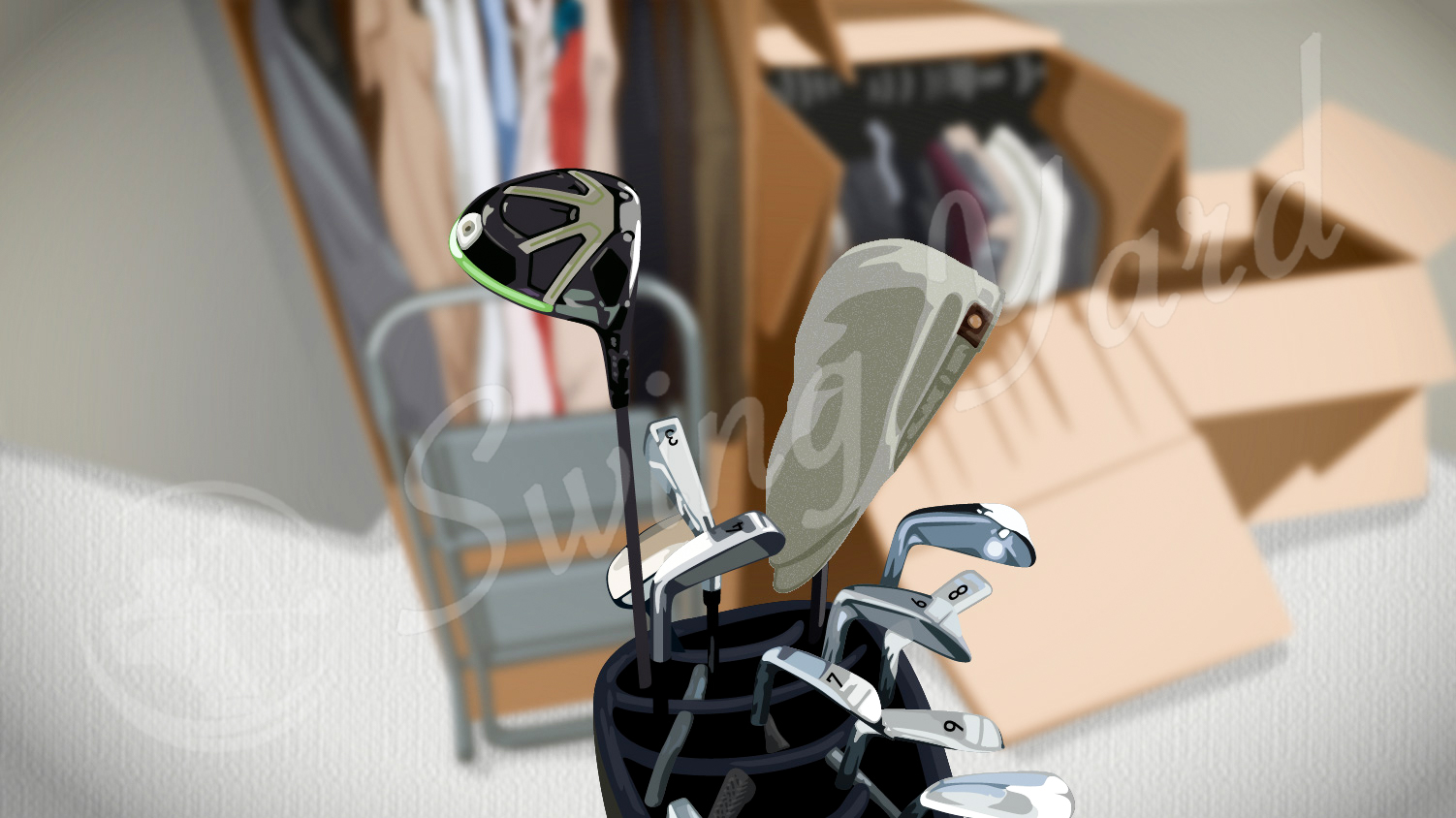 A golf bag fits conveniently in the closet