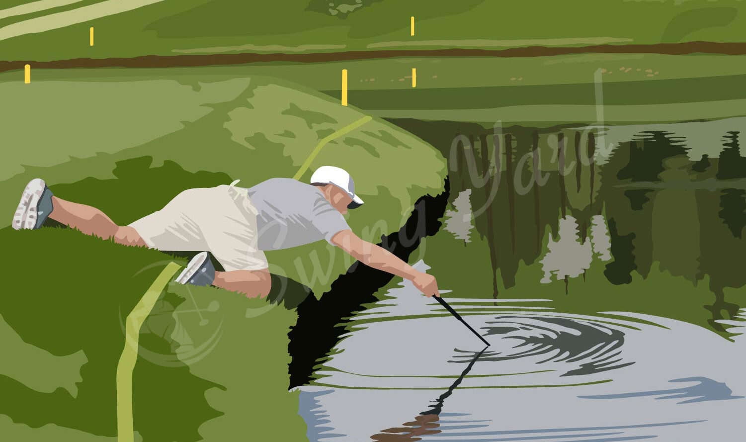 A golfer trying to use a golf ball retriever in a pond