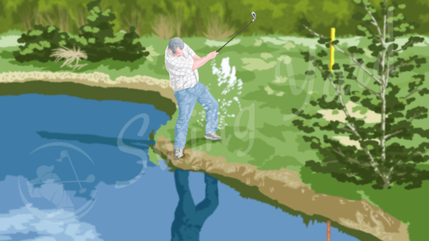 Man hitting golf ball out of the water hazard