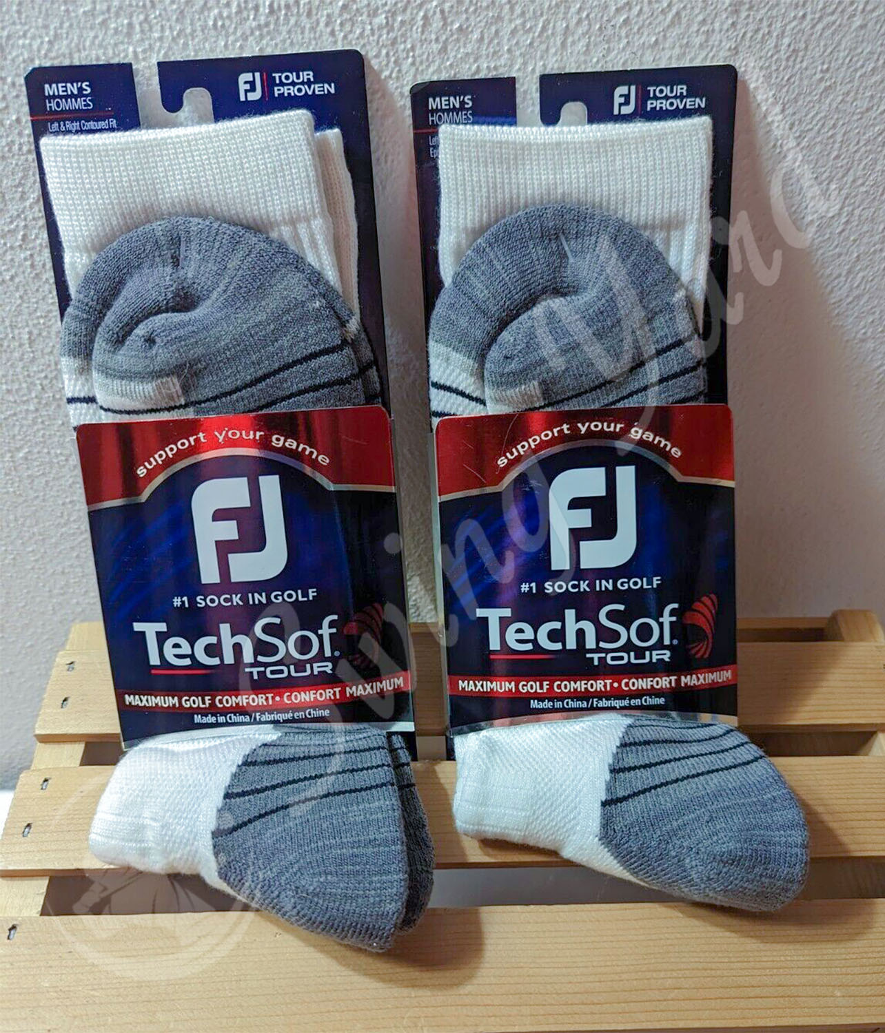 My new FootJoy men techsof tour sock white pair in a wooden box