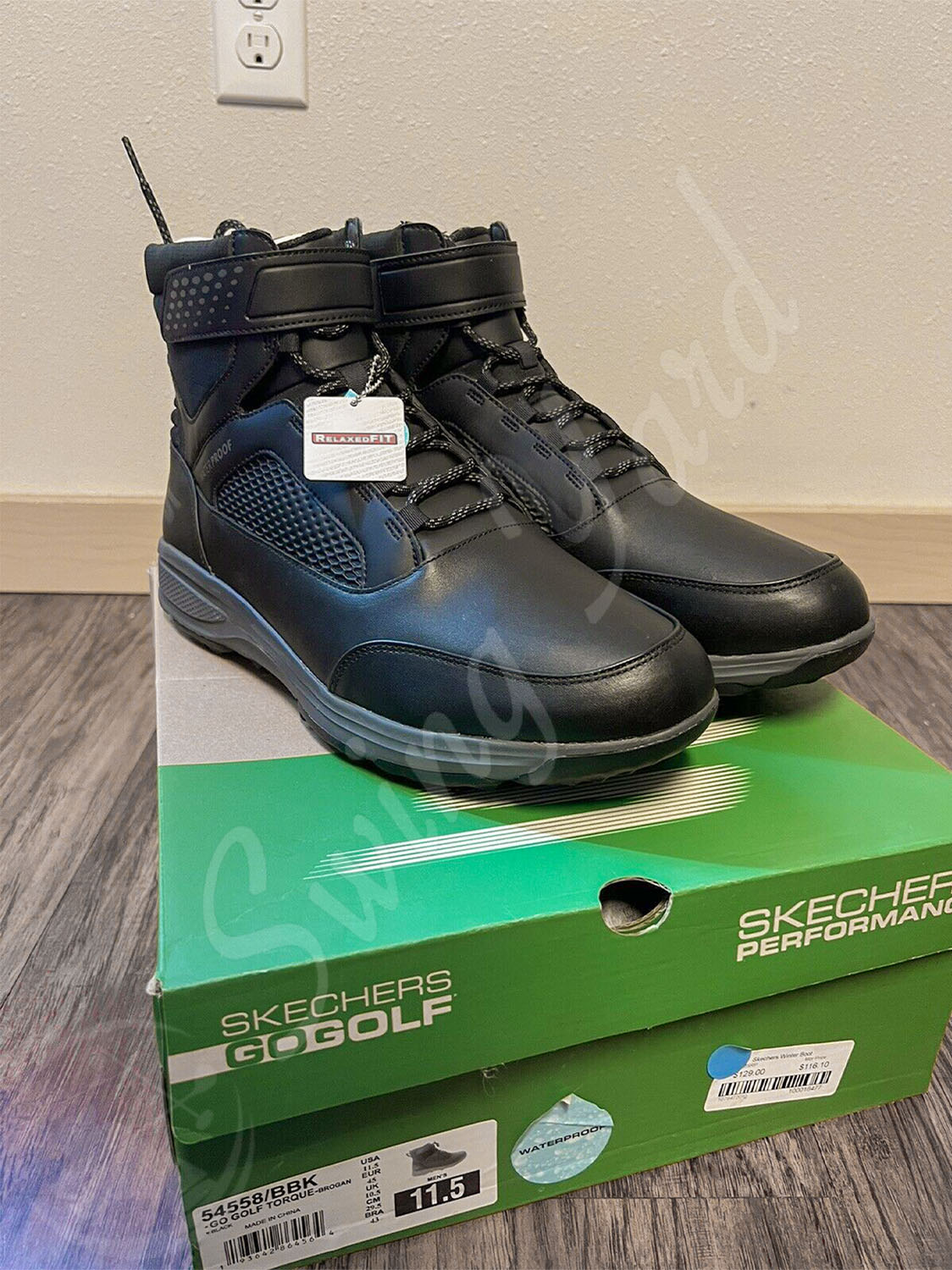 A new Skechers men torque brogan relaxed fit winter golf boots with box at the living room