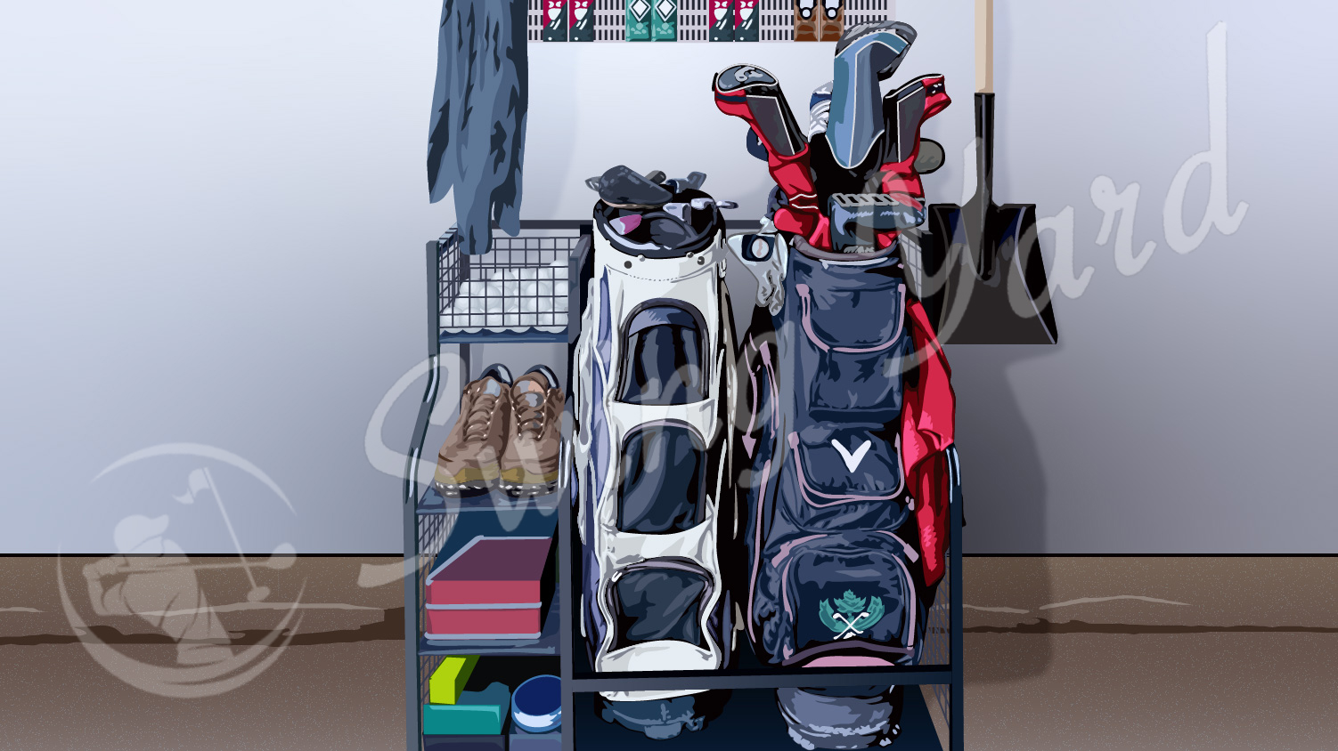 Organizing racks are handy for storing golf gear