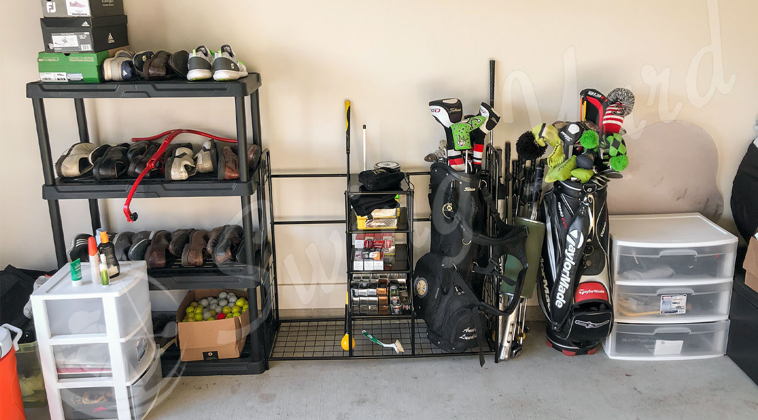 My new look garage with Home-It Dual golf bag storage organizer