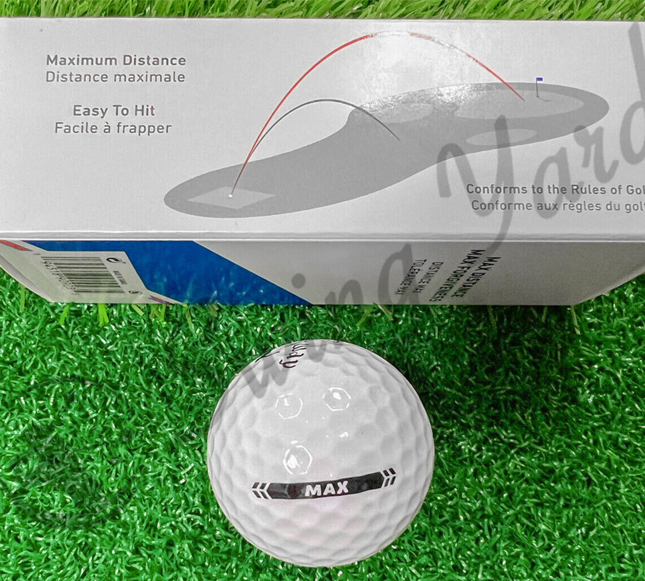 The white Callaway Supersoft Max ball with box on the practice mat