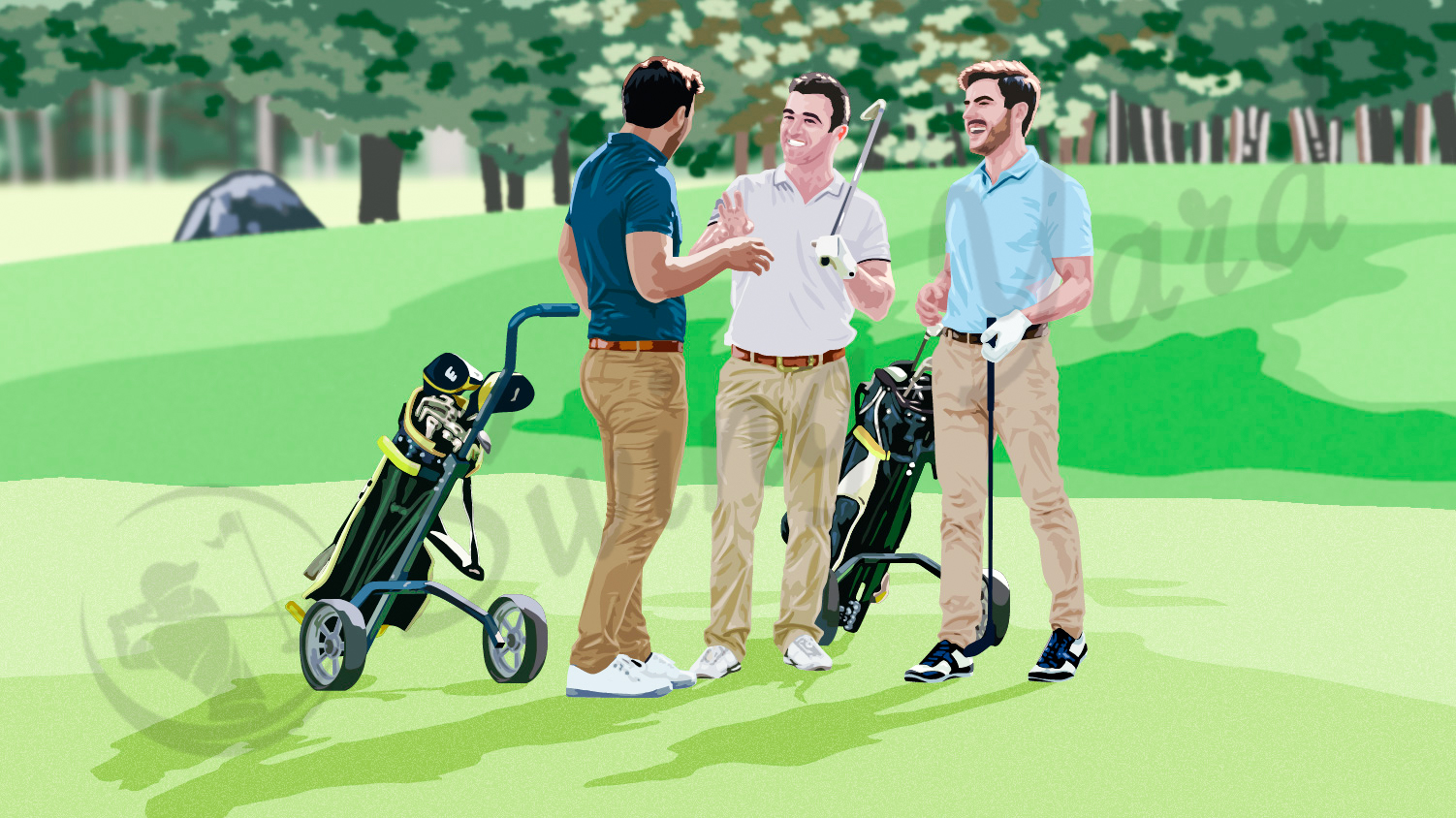 Three men with golf bags playing golf