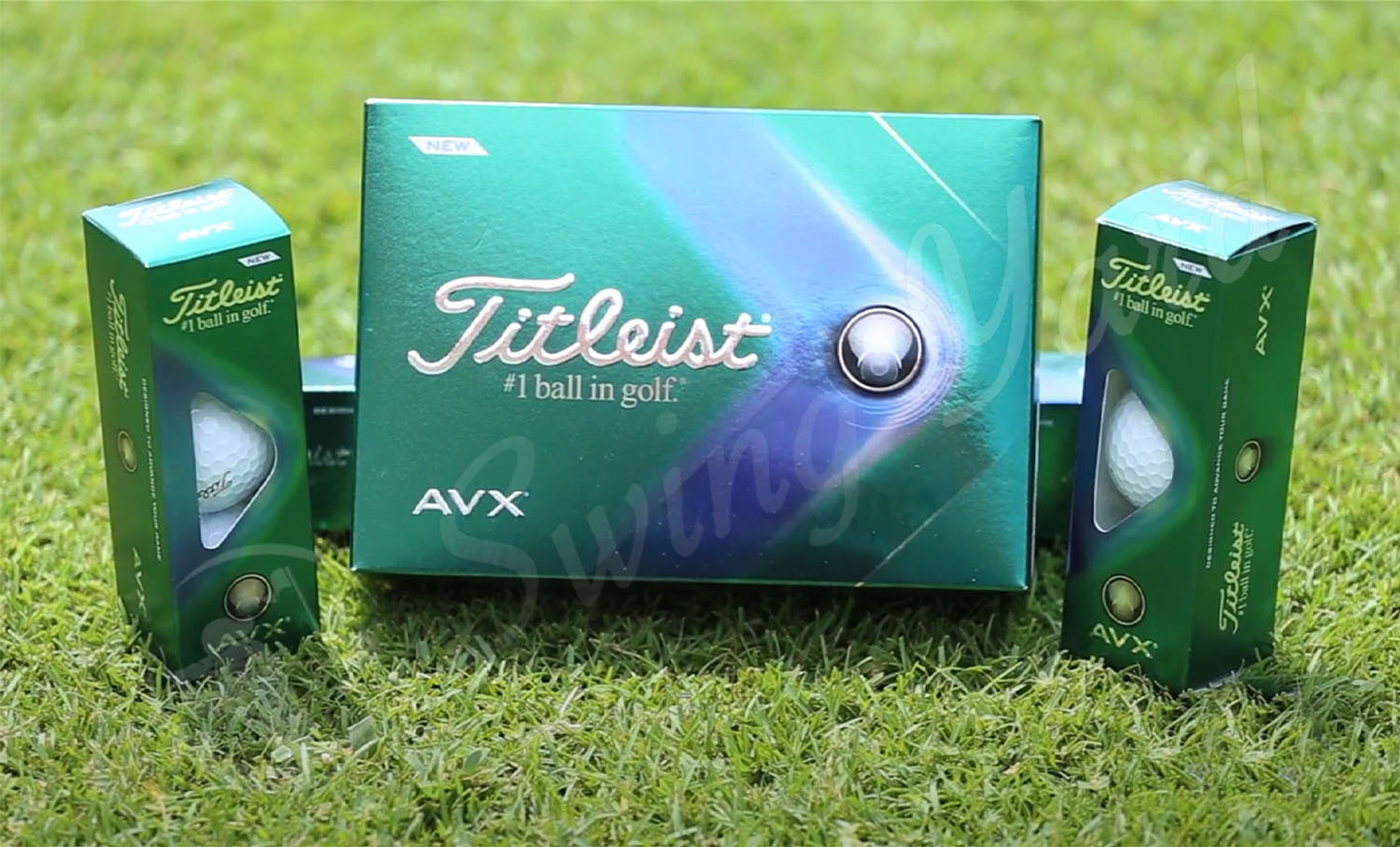 The Titleist AVX boxes in the grass at the golf course