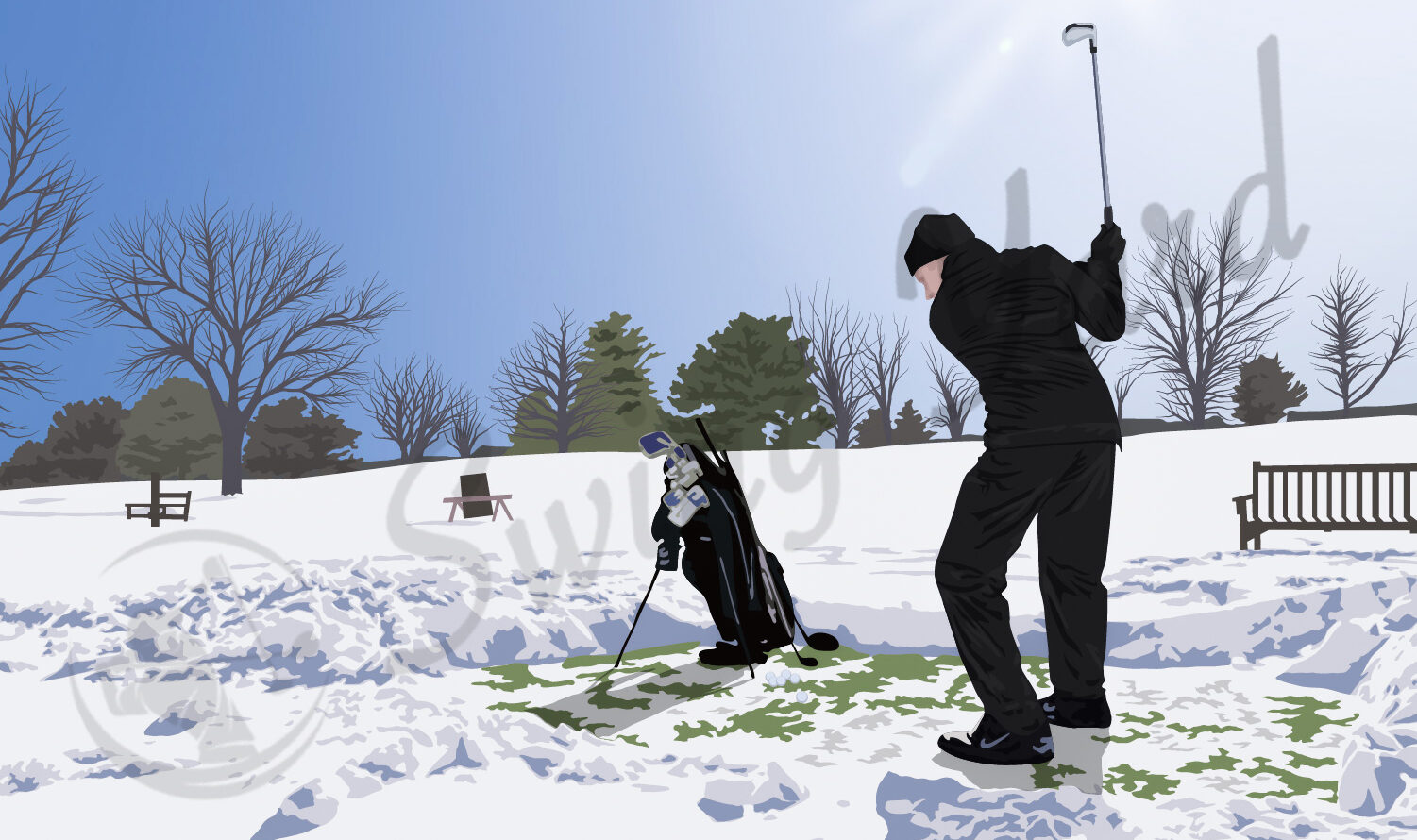 A guy golfing in the winter snow