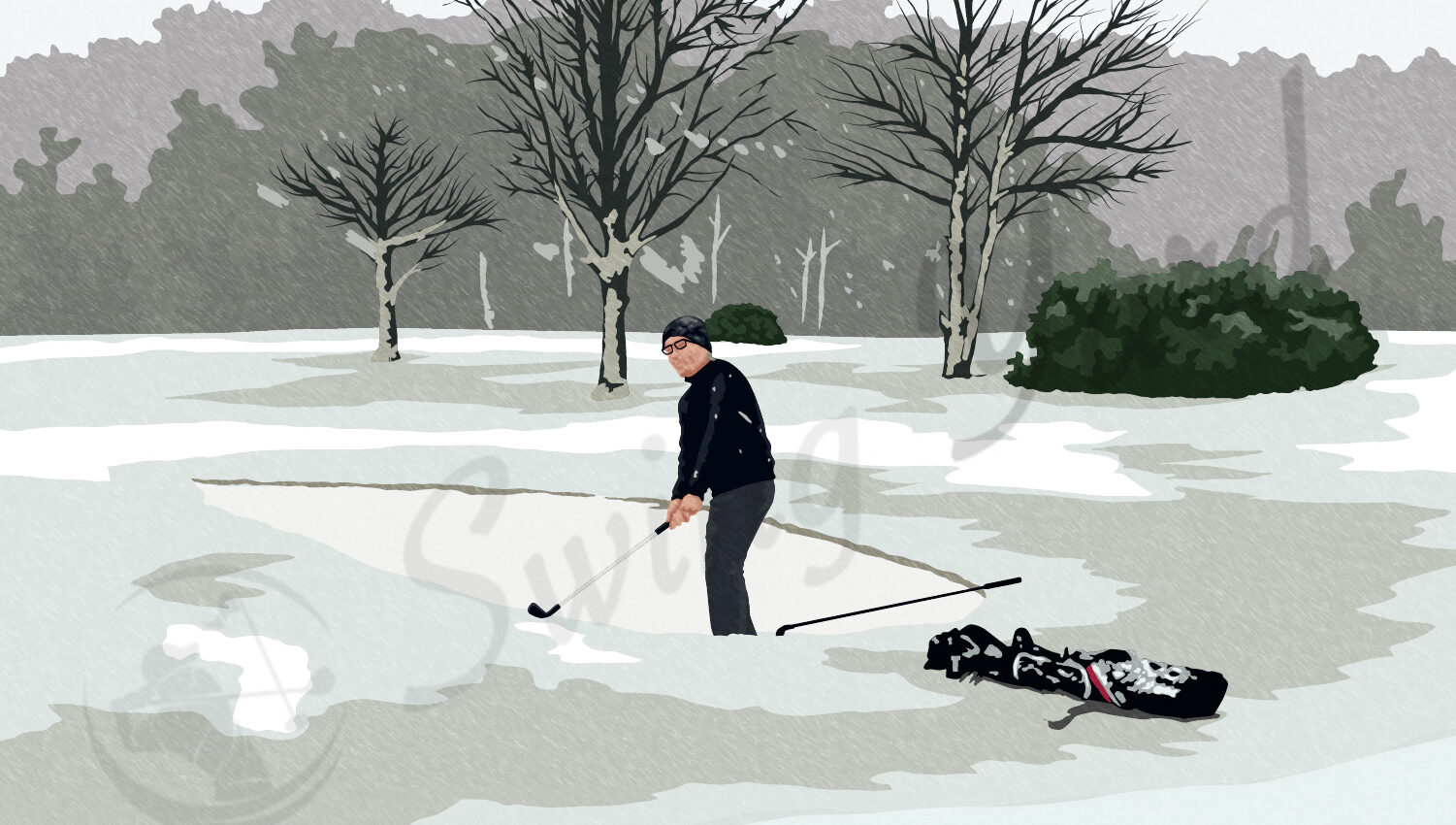 A guy playing winter golf from the bunker