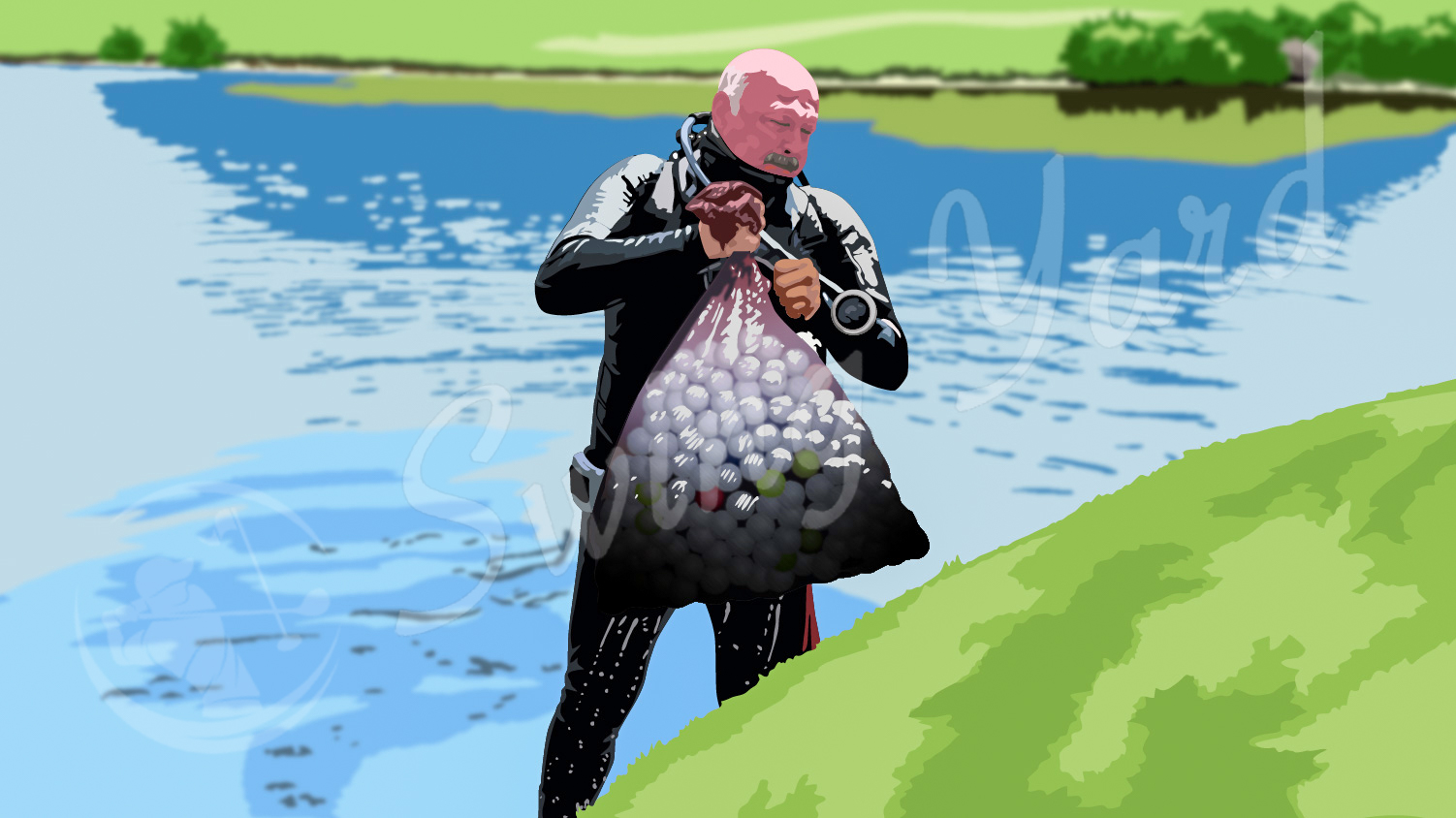 Man with bag of waterlogged golf balls