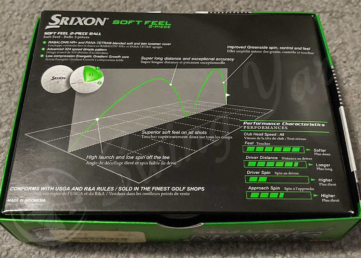The back side of the box package of the Srixon Soft Feel