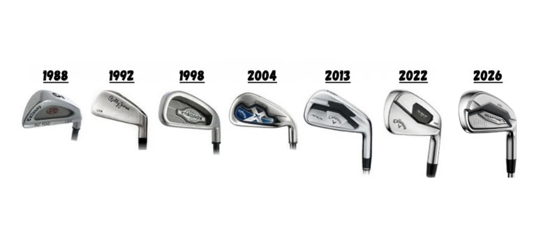 Many different callaway golf irons throughout the companies history are shown in succession