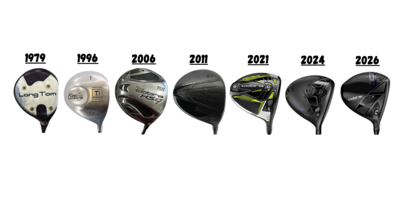 Evolution of Cobra Golf drivers from 1979 to 2026, showcasing seven models including the Long Tom, King Cobra Ti, King Cobra HS9, and the 2026 Cobra OPTM.