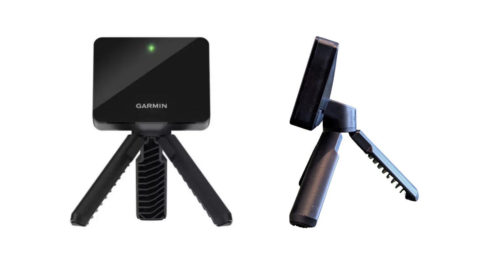 An image featuring the Garmin R10 Launch Monitor front and side views