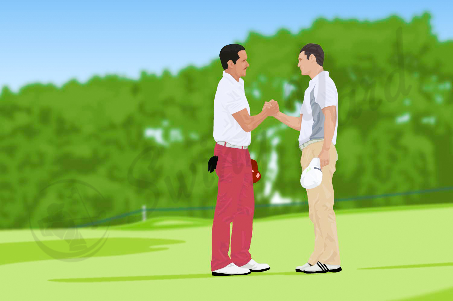 Two golfers shaking hands after some fun games on the course