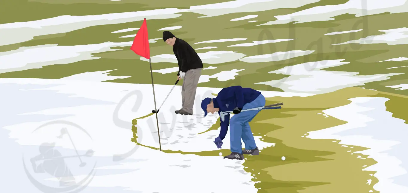 Two golfers putting using the winter golf rules