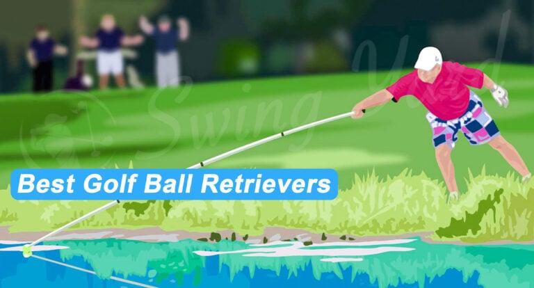 A golfer using a ball retriever to get a ball from the water
