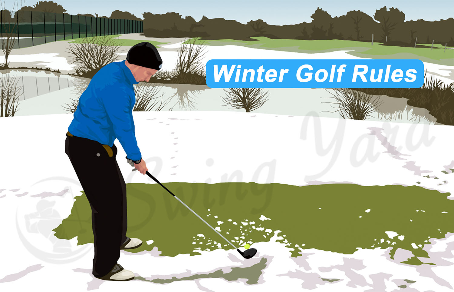 A guy hitting a golf ball in the winter