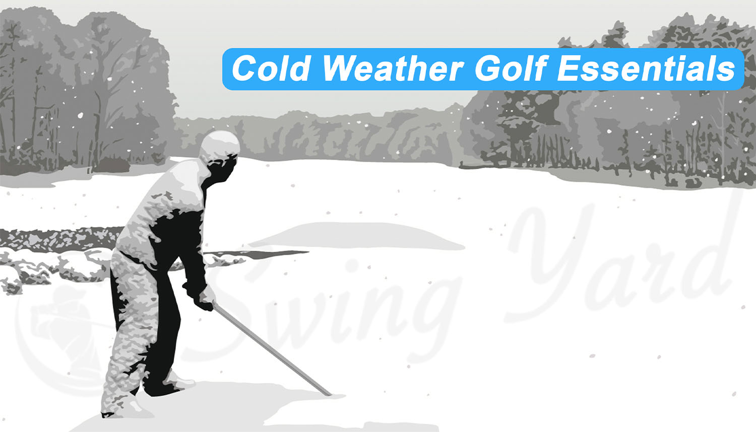 A guy covered in snow playing golf in the winter