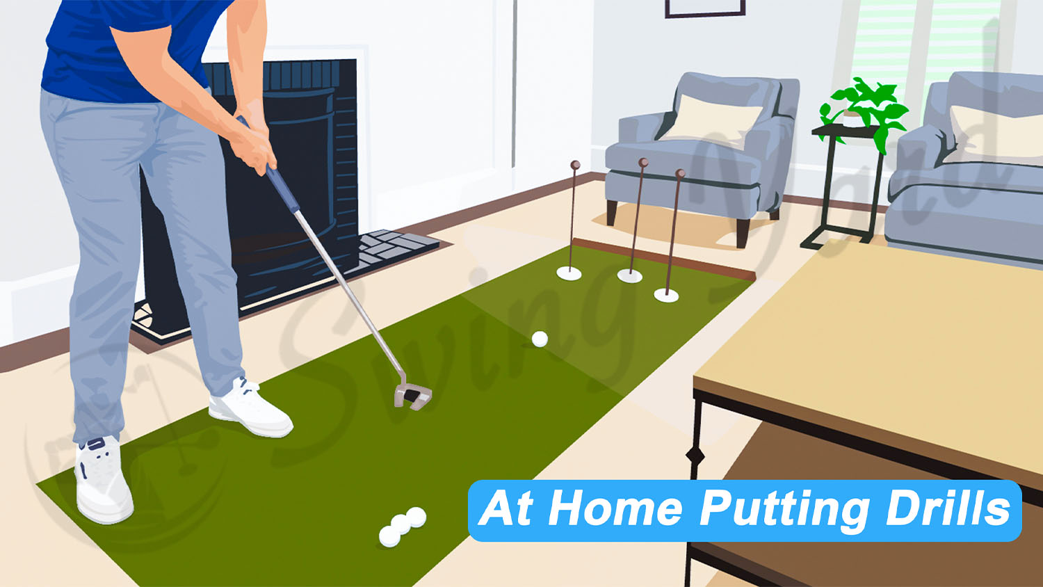 A guy practicing home putting drills in the living room