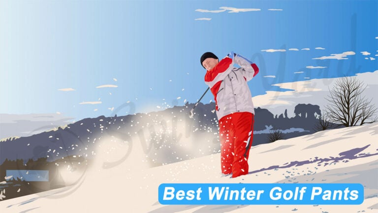 Guy swinging a club in the snow with winter golf pants on