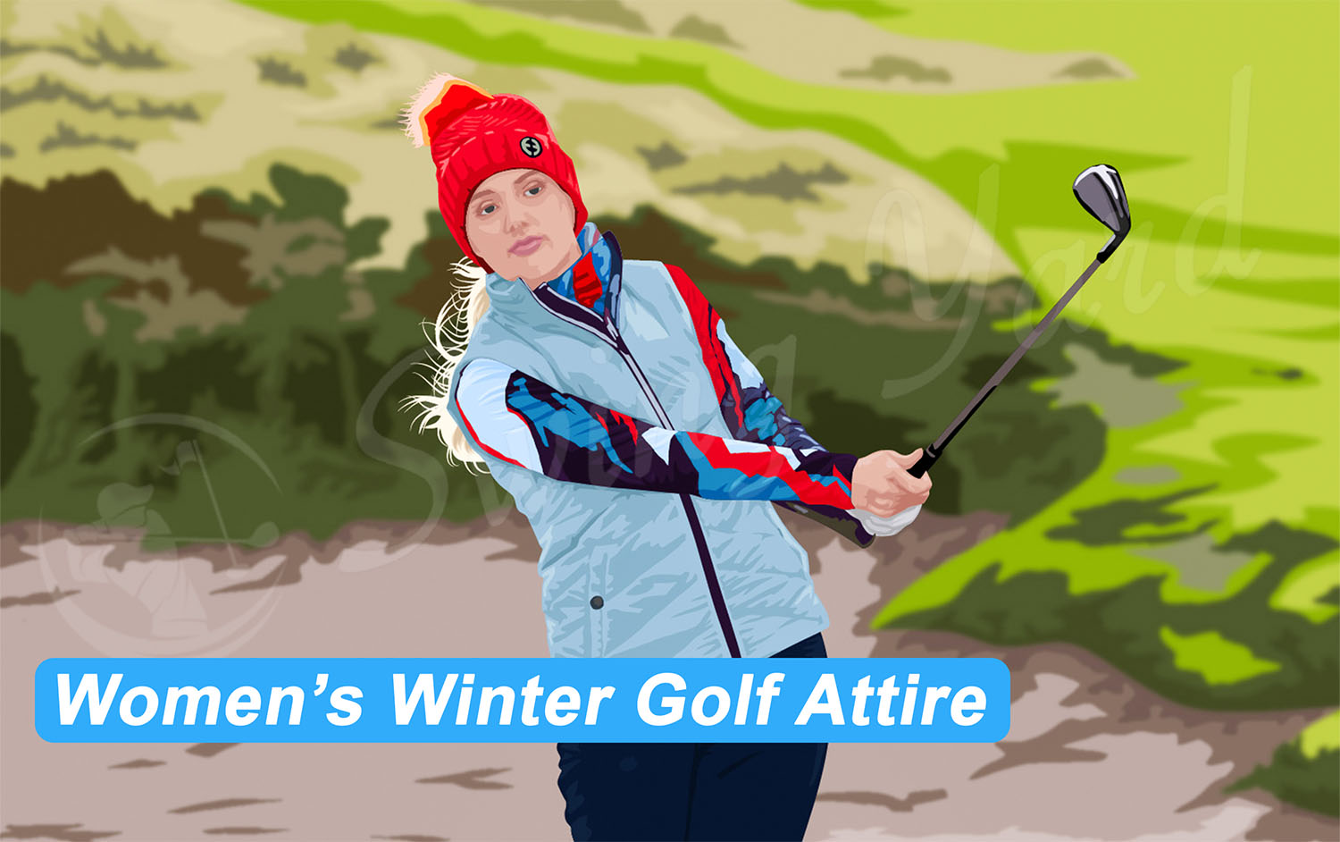 A woman golfer dressed in winter attire