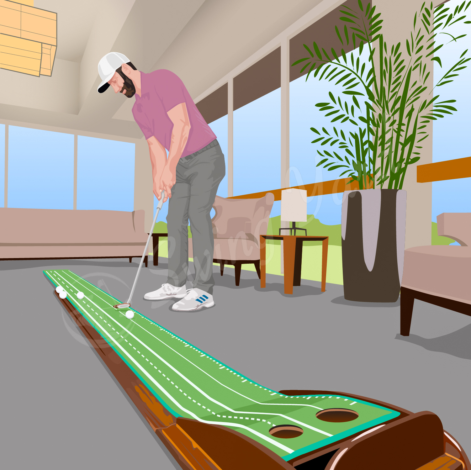 A man using a home putting mat in his kitchen