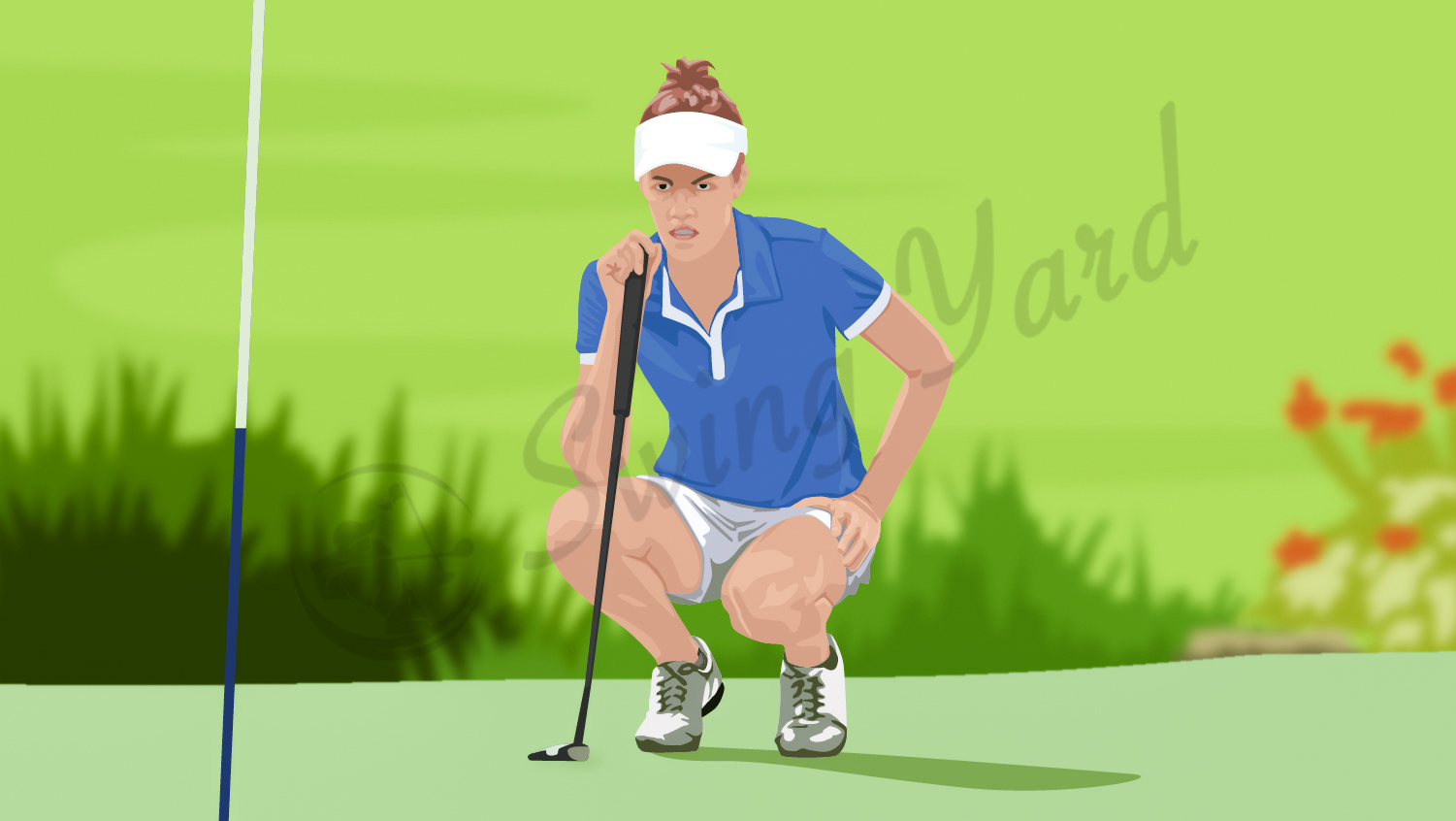 A golfer using a women's petite golf club putter