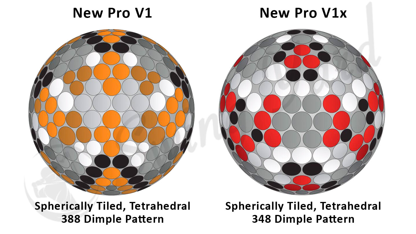 Dimple pattern differences between Titleist Pro V1 and Pro V1X golf balls