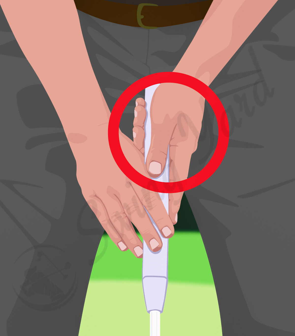 Right hand position for saw grip putting