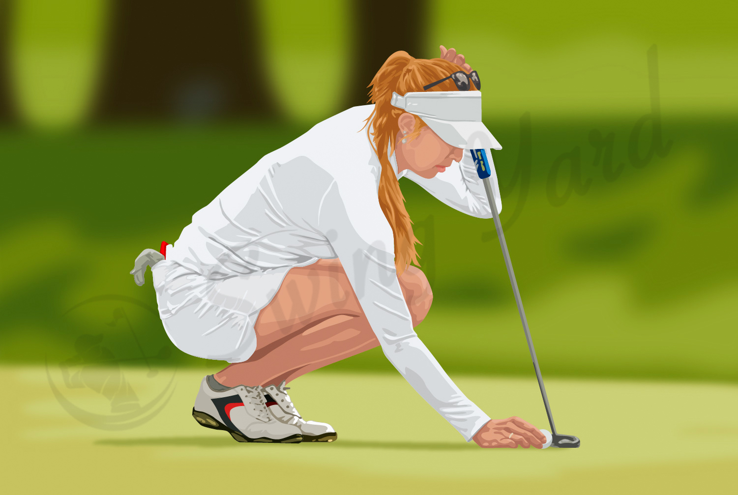 Woman golfer lining up a shot with her putter