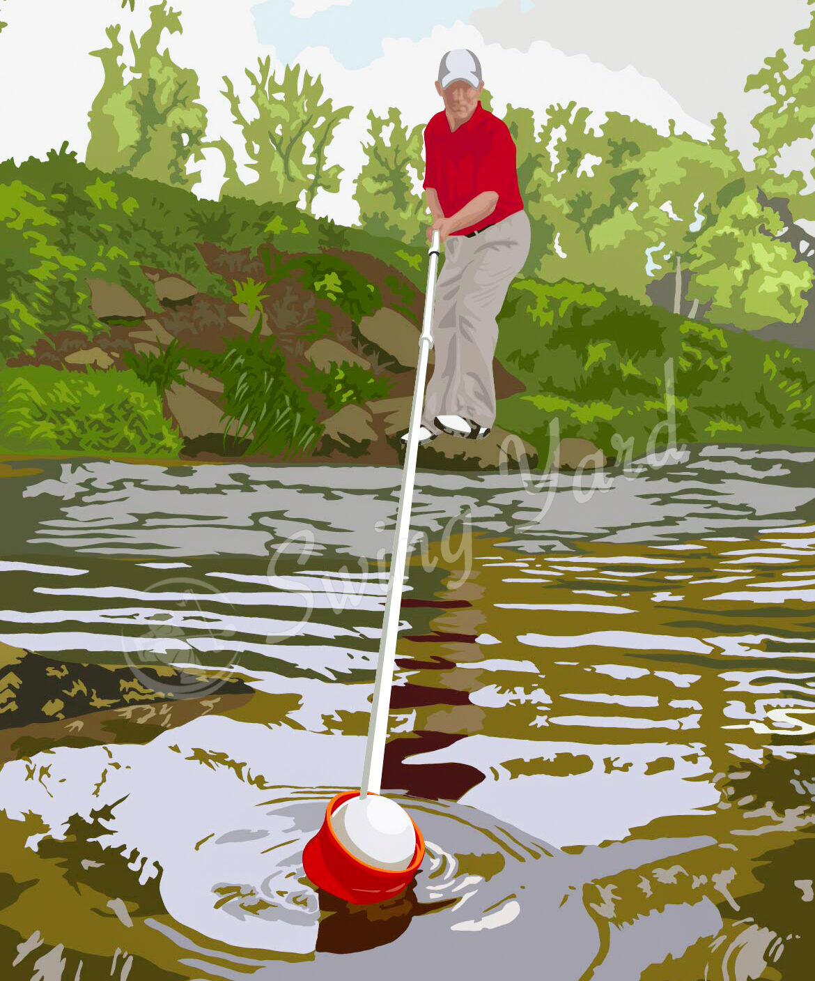 A guy retrieving a golf ball from a creek