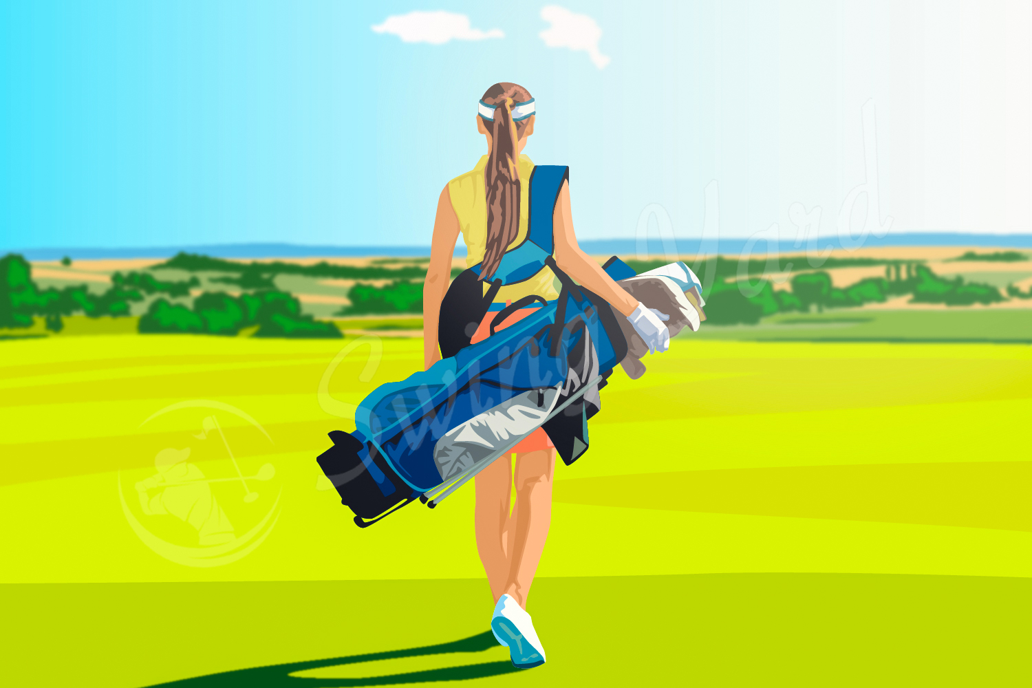 A golfer carrying a complete set of women's clubs