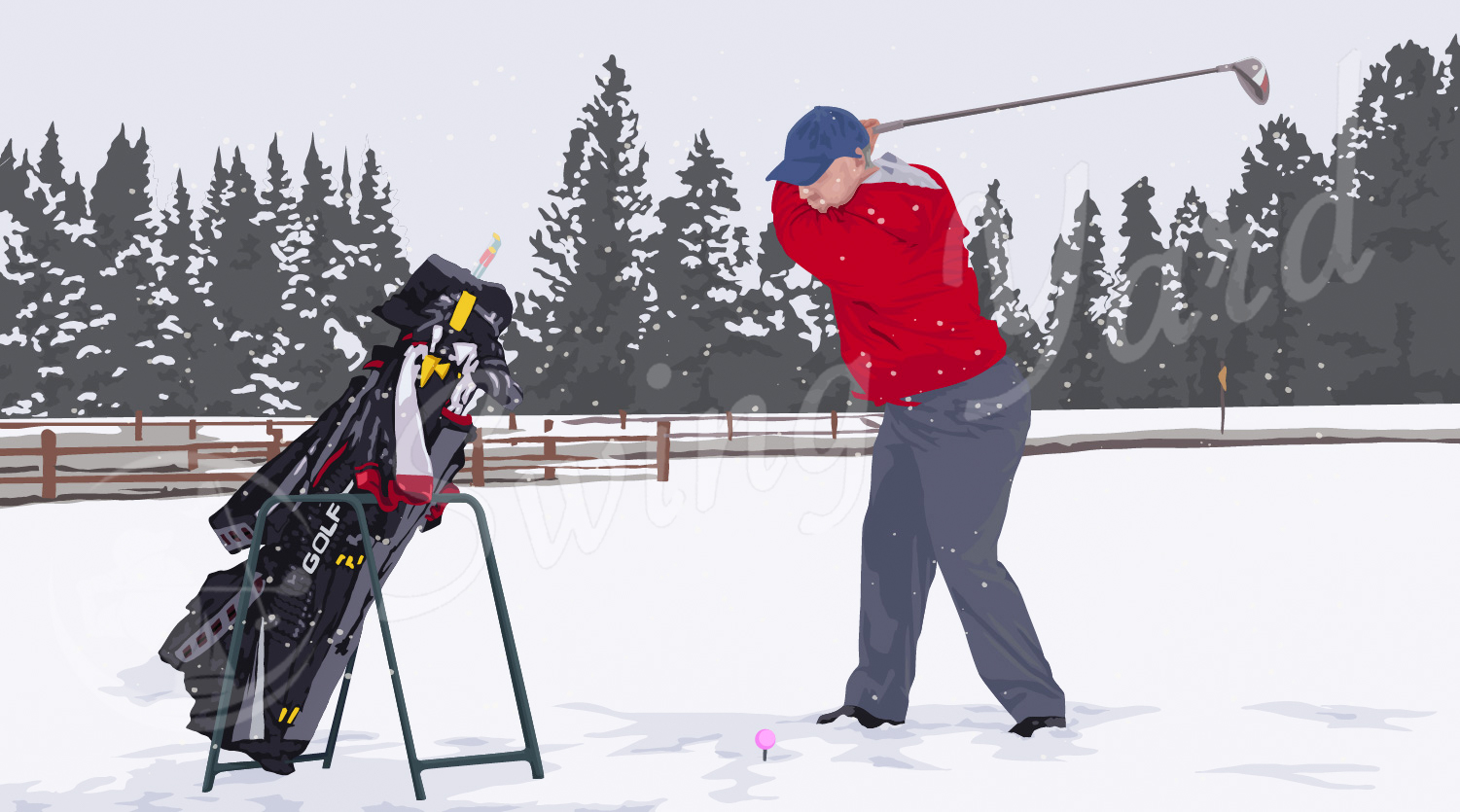 A golfer hitting a driver in the cold weather