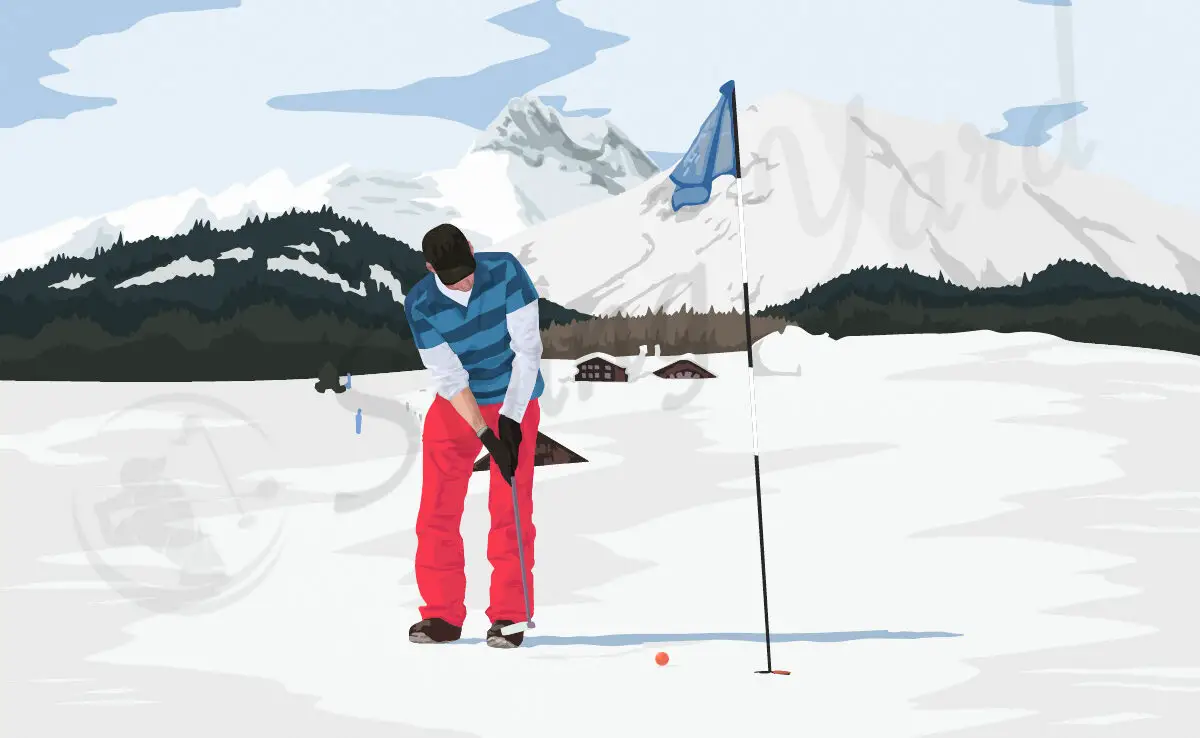 A golfer putting in the snowy cold weather
