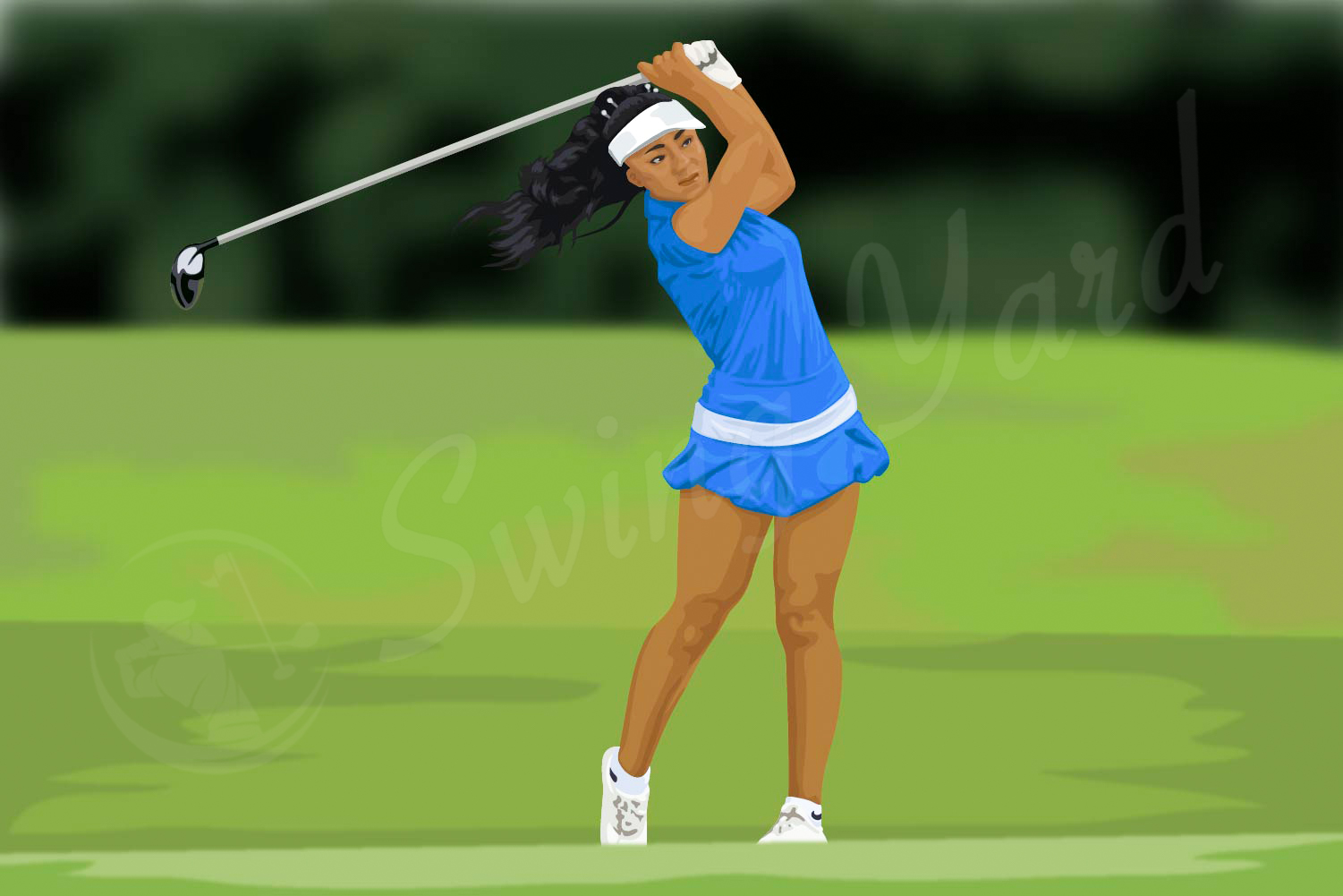 A female golfer swinging a club