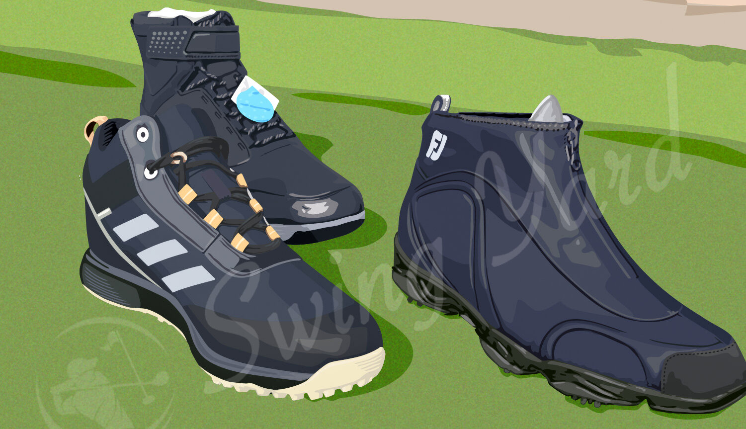 Several different cold weather golf shoes and boots