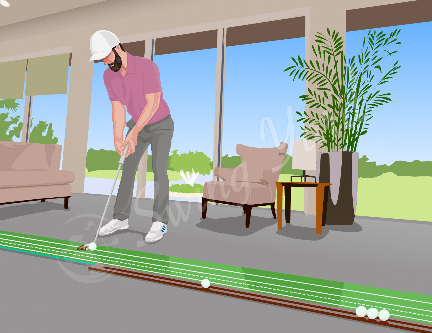 A golfer practicing on an indoor putting set