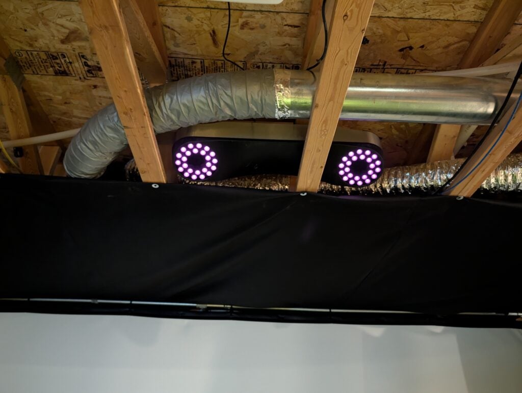 An image of the Protee VX mounted on my basement ceiling