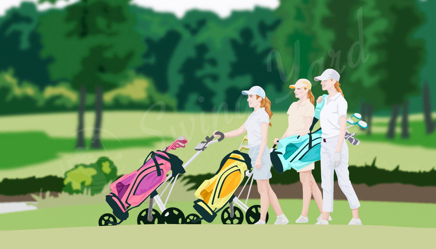 3 women playing golf with lady's clubs