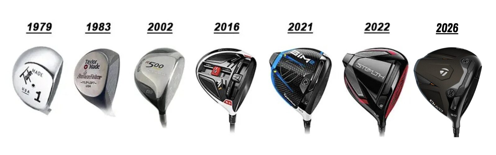 An image showing many TaylorMade driver models over many years
