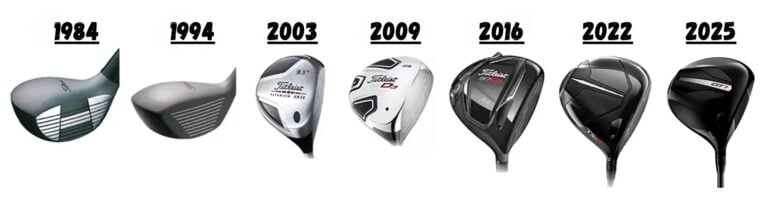 Evolution of Titleist drivers over the years displaying old to new models
